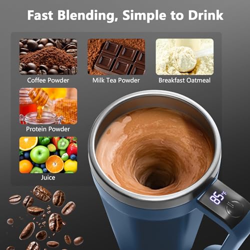 Self Stirring Coffee Mug with Temperature Display, 18 oz Rechargeable Self Stirring Mug with Lid, Automatic Self Stirring Cup, Coffee Mug with Stainless Steel for Coffee, Milk, Beverages, Blue - color: Blue