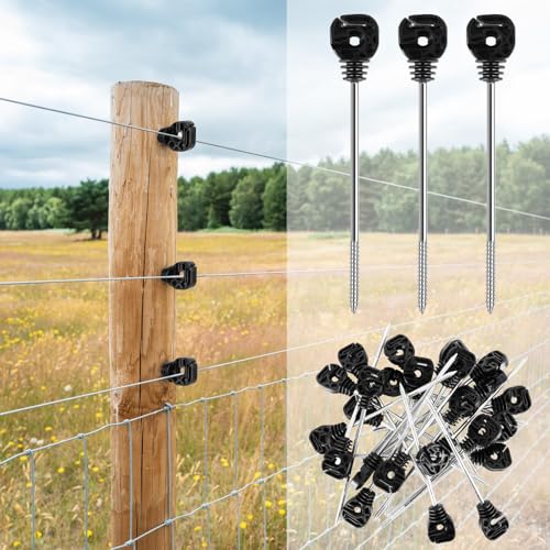 25 Pcs Electric Fence Insulators Fencing Post Screw-in Ring Set 8.9 Inch Long Arm Meadow Farm Electric Fence Wood Post Black for Electric Fence of Farm (25)