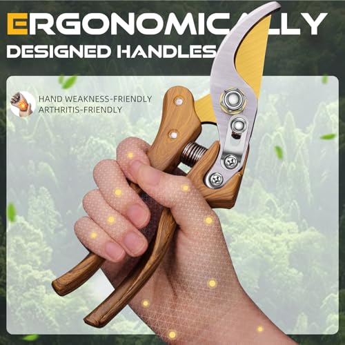 DECERK® 8.5" Premium Bypass Pruning Shears – Wood Grain Finish with Gold Titanium Blade, Japanese SK5 Steel, Balanced Ergonomic Handle for Precise Garden Trimming, Timeless Gardening Companion - style: Premium Woodgrain Clipper