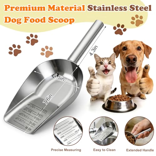 Dog Food Scoop Stainless Steel with Long Handle, Precise Measuring Cups - size: 2CUP