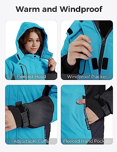 wantdo Girls Winter Ski Coat Fleece Snowboarding Jacket Waterproof 10000mm | Removable Hood, Chest Pocket, Fleece Lining, Windproof, Machine Washable - color: Light Blue, size: 8