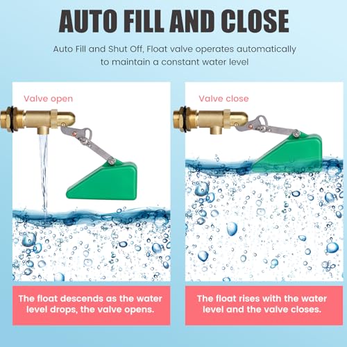 3/4 Inch Float Valve, Brass Water Float Valve for Water Tank, Float Ball Valve with Adjustable Arm for Livestock Waterer, Fountain, Aquarium, Aquaculture, Auto Water Level Control (1, green)