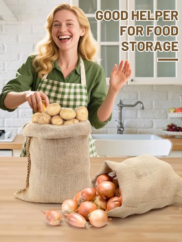4Pcs 16"x24" Breathable Natural Burlap Bags with Rope for Potato Storage | Reusable, Thickened Jute Food Storage Sacks, Helps Potatoes/ Onions/ Root Vegetables Stay Fresh - size: 16'' x 24''
