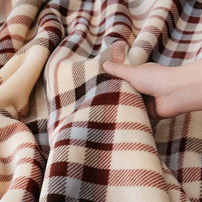 PU MEI Sherpa Fleece Throw Blanket 80" x 90" Reversible Plush Fluffy Large Big Blanket Lattice Flannel Blankets for All Season Use, Beige Stripe - color: Beige Stripe, size: 80"*90"