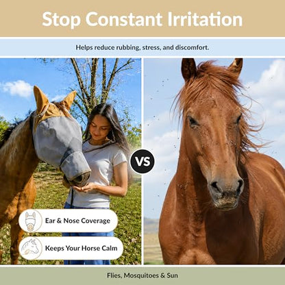 TSZ Horse Fly Mask with Ears and Nose Cover UV Block 70% Breathable Mesh - size: Horse