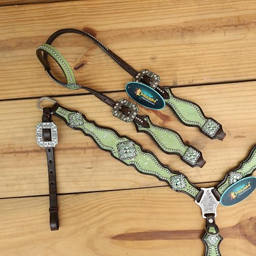 Western Leather Headstall & Breast Collar Set for Horses - Valentine’s Day Silver Metallic Cowhide with Rhinestones - color: Lime Green