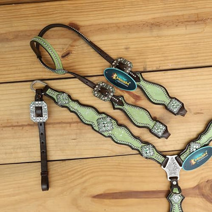 Western Leather Headstall & Breast Collar Set for Horses - Valentine’s Day Silver Metallic Cowhide with Rhinestones - color: Lime Green