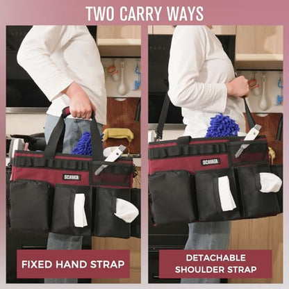 SCAVATA Wearable Cleaning Caddy Bag, Cleaning Caddy Supplies Organizer with Handle & Shoulder Straps for Housekeepers, Under Sink & Car Cleaning Tool Organizers with 4 Foldable Divider (Magenta) - color: Magenta