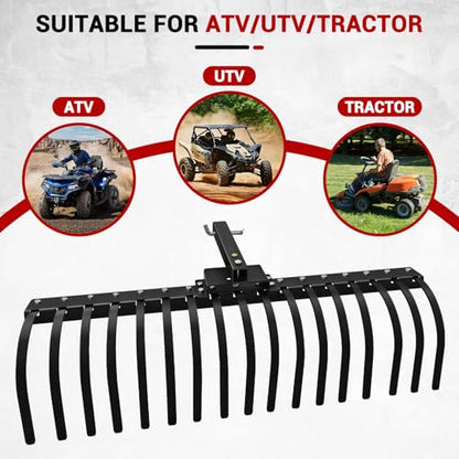 48 Inch Tow Behind Landscape Rake, Black Durable Tractor Rake with 2 Inch Receiver Fit for Lawn Tractor ATV UTV, All Steel Anti-Rust Yard Rake for Pine Needles Leaves Grass Cleanup (48 Inch) - size: 48 Inch