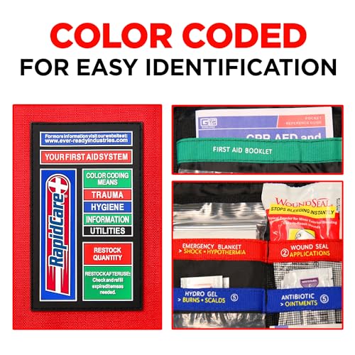 Rapid Care Premium Trauma First Aid Kit for Outdoors, Workplace, and Home - Exceed OSHA Guidelines and ANSI 2009 Standards - 240 Pieces - Includes Bonus Travel Kit