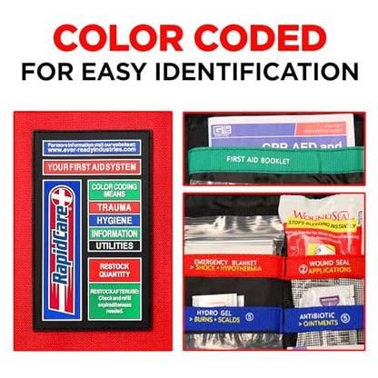 Rapid Care Premium Trauma First Aid Kit for Outdoors, Workplace, and Home - Exceed OSHA Guidelines and ANSI 2009 Standards - 240 Pieces - Includes Bonus Travel Kit