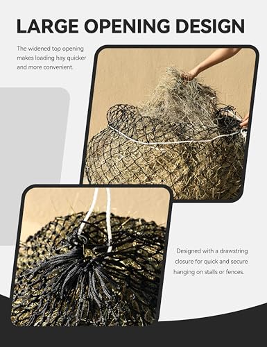 2-Pack 48’’ Length Hay Nets for Horses Slow Feed w/Drawstring Closure Hay Bags for Horses & Livestock-1.25" Black - size: 1.25"