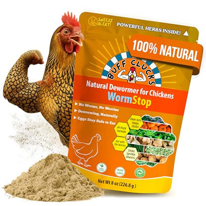 Buff Clucks WormStop Natural Chicken Dewormer Powder – All-Natural Herbal Blend for Daily Wellness - Chicken Wormer is Safe for Eggs & All Ages - Garlic, Pumpkin Seed, Wormwood - USA (8 oz)