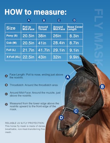 Horse Fly Mask with Nose Cover, UV-Protective Fly Mask for Horses - size: Large, style: Long Nose