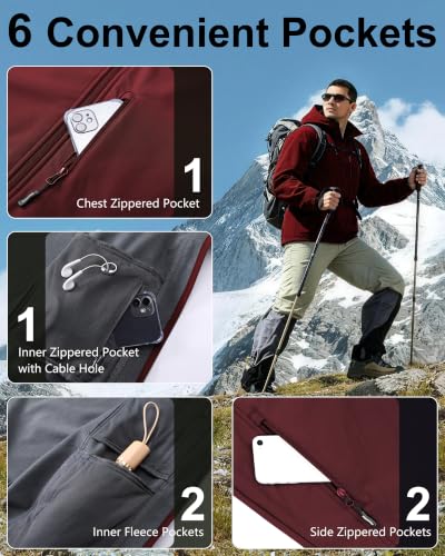 Outdoor Ventures Men's Softshell Jacket Waterproof Fleece Rain Shell Coat - color: Dark Red, size: X-Large