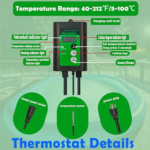 1800W Titanium Immersion Water Heater of Above Ground Pool & Baptismal Pool – Portable Fully Submersible Electric Heater with Temp Control & GFCI to Inflatable Pool, Hot Tub, Bucket, Spa &Bathtub etc
