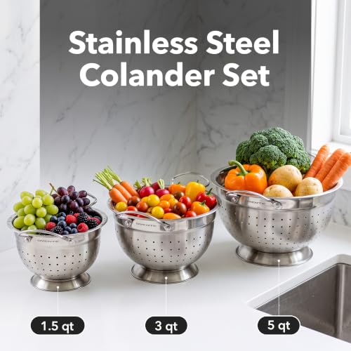 OVENTE Premium Stainless Steel Colander Set of 3, Silver C46263S | Comes with different sizes: 1.5, 3, 5 QT, Comfortable Large Handles, Ideal for draining pasta or Rinsing Vegetables or fruits - size: 5, 3, 1.5 Quarts, style: Colander Set of 3
