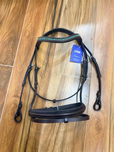 Horse Jumping Leather Bridle with Web Reins | Premium Genuine Leather English Bridle | Padded Browband & Noseband | Stainless Steel Buckles | Dark Brown Size Full - color: Havana Brown - Green Crystal