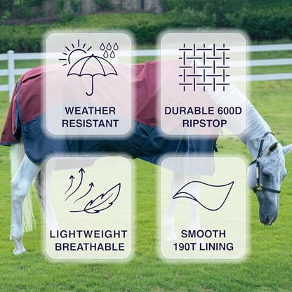 Horse Turnout Rain Sheet | 600 Denier Ripstop Turnout Blanket No Fill (0g) | Waterproof Lightweight Breathable | Tear-Resistant Outer & Rub-Free Silky Inner | Burgundy/Navy - 76 in - color: Burgundy/Navy, size: 76