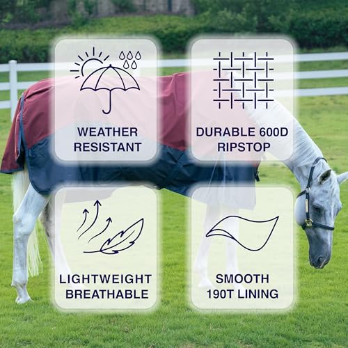 Horse Turnout Rain Sheet | 600 Denier Ripstop Turnout Blanket No Fill (0g) | Waterproof Lightweight Breathable | Tear-Resistant Outer & Rub-Free Silky Inner | Burgundy/Navy - 80 in - color: Burgundy/Navy, size: 80