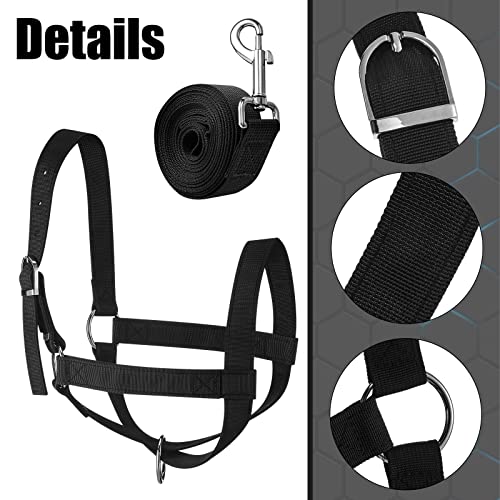 Windyun 2 Pieces Nylon Cow Halter with 2 Pieces Leading Rope Adjustable Foal Halter Horse Calf Harness for Donkey Cattle Goat Training(Black)
