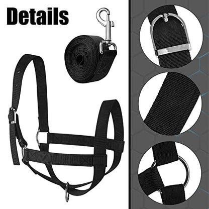 Windyun 2 Pieces Nylon Cow Halter with 2 Pieces Leading Rope Adjustable Foal Halter Horse Calf Harness for Donkey Cattle Goat Training(Black)