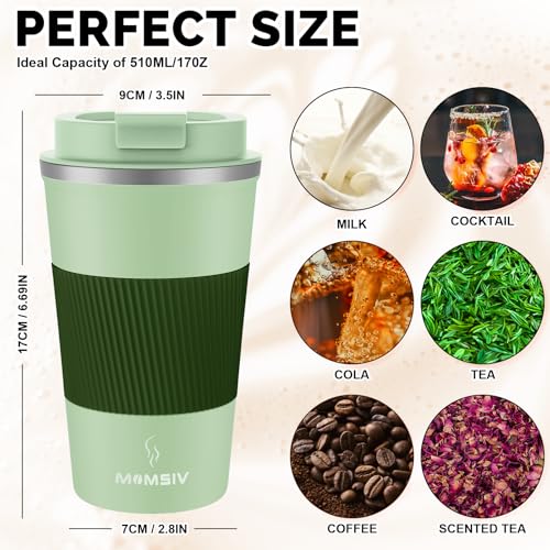 MOMSIV 17oz Travel Coffee Mug, Insulated Coffee Cup with Leakproof Lid - color: B-Light Green-17oz