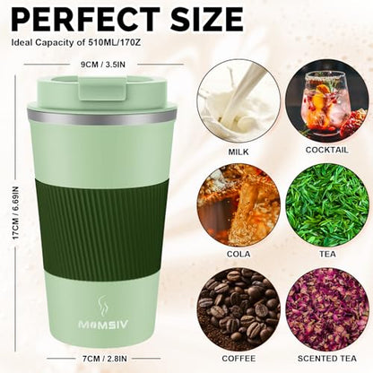 MOMSIV 17oz Travel Coffee Mug, Insulated Coffee Cup with Leakproof Lid - color: B-Light Green-17oz
