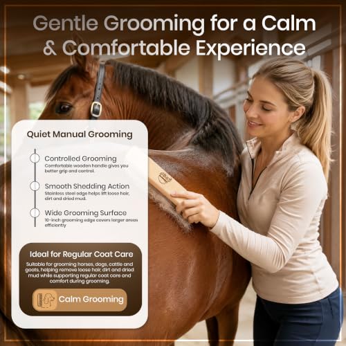 10 Inch Horse Grooming Shedding Tool with Wooden Handle, Stainless Steel Deshedding Comb for Horses, Dogs and Livestock, Pet Hair Removal Brush, Curry Comb, Coat Rake for Loose Hair, Dirt and Mud