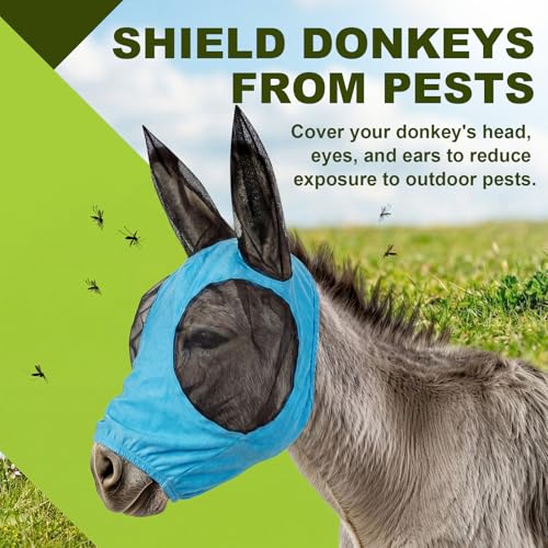 Mini Donkey Fly Mask with Ears Protection, Stretchy Mule Mask with Big Mesh Eye Covers, Soft on Skin, Comfortable Breathable Protection from Insects and Bugs - color: Blue, size: Mini