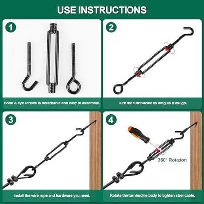 Black Small Turnbuckles for Cables Wire, M6 Hook and Eye Tensioner - size: 6 Pcs M6 x 5.9"
