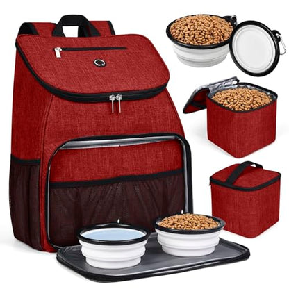 BAGLHER丨Dog Travel Bag, Airline Approved Pet Supplies Backpack, Dog Travel Backpack with 2 Silicone Collapsible Bowls and 2 Food Baskets - color: Red-A
