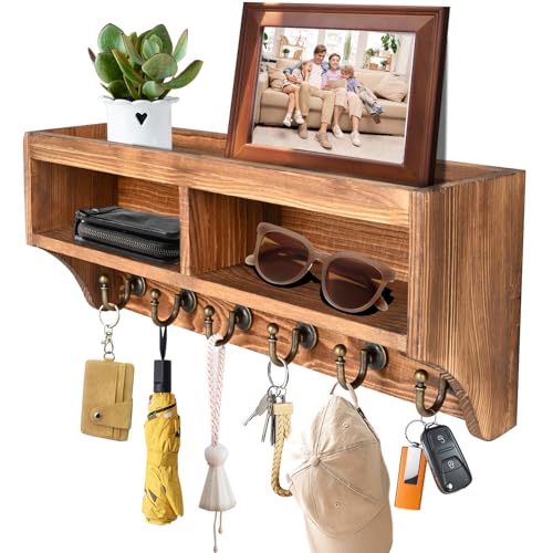 Key Holder Wall Mount with Mail Organizer, 6 Hooks & Shelf, Brown | Wood Key Holder Wall Mount with 6 Key Hooks, Shelf & Storage Box and Mail Organizer for Entryway, Apartment, Home and Office - color: Brown