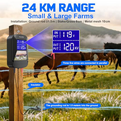 Electric Fence Charger, 15-Mile 12KV 3J for Livestock Protection - color: Black