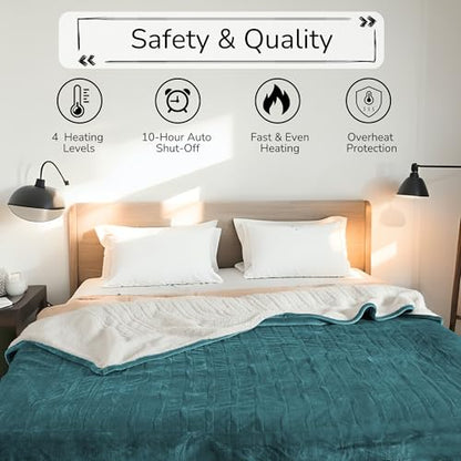Electric Heated Blanket 90"x100" King Size - Teal Green | Dual-Sided Microplush Sherpa for Bedroom Couch Use, 4 Heat Settings & 10 Hours Auto Off, Dual Controller, Machine Washable - color: 04-teal, size: King(90"x100")