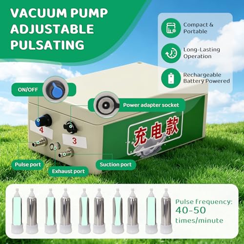 Cow Milking Machine 14L Stainless Steel Bucket Rechargeable Battery Powered 4 Teat Cups for Cows and Goats, Electric Pulsation Portable Milker (4 Stainless Steel Milking Cups Liners)