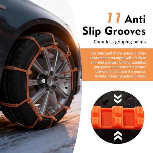 12 PCS Car Snow Tire Chains, Spiral Anti-skid Traction Straps, Portable Adjustable Zip Tie Tire Chains, Universal Emergency Accessory for Cars SUVs Trucks (Orange)