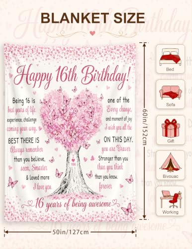 Sweet 16 Gifts for Girls, Sweet 16 Blankets,16th Birthday Gifts | Gifts for Girls/daughter/Sister/Friends,16 Year Old Girl Christmas Gift Ideas Coolest Gifts 16th Birthday Blanket Stuff 50*60 - color: 16 Pink Tree