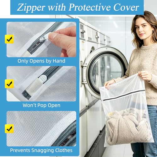 kinice Large Laundry Bag with Zipper Protective Cover, 3Pcs 23x23 Inches Garment Bag for Washing Machine, Mesh Laundry Bags for Delicates, Lingerie, Bras, Baby Clothes, Family College Dorm Essentials