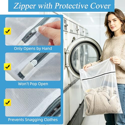 kinice Large Laundry Bag with Zipper Protective Cover, 3Pcs 23x23 Inches Garment Bag for Washing Machine, Mesh Laundry Bags for Delicates, Lingerie, Bras, Baby Clothes, Family College Dorm Essentials