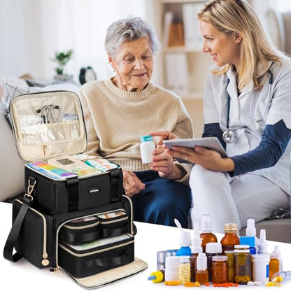 Large Medicine Bag with 3 Removable Cases, Medication Travel Bag with Multiple Storage Sections for Prescription Bottles, Vitamins & Medical Supplies, Black