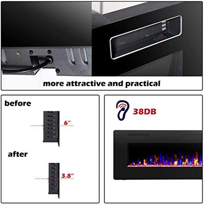R.W.FLAME 68 inch Recessed and Wall Mounted Electric Fireplace, Ultra Thin and Low Noise,Fit for 2 x 6 Stud, Remote Control with Timer,Touch Screen,Adjustable Flame Color and Speed - size: 68"