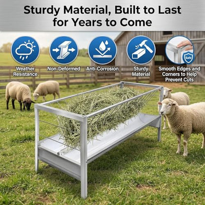 Goat Feeder, 96 Gallon Hay Feeder Goat with Detachable Grain Pan, Heavy Duty Stainless Steel Goat Hay Feeder, Suitable for Goats, Sheep, Horses, Easy Assembly in Farm, Silver Finish