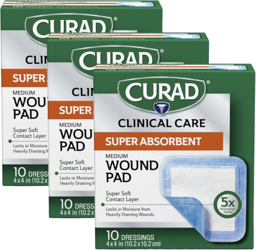Curad Super Absorbent Wound Pad, Medium, 4" x 4", 10 Count, 24 Pack - size: 4" X 4" (Pack of 8), style: 3 Pack
