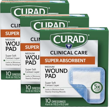 Curad Super Absorbent Wound Pad, Medium, 4" x 4", 10 Count, 24 Pack - size: 4" X 4" (Pack of 8), style: 3 Pack