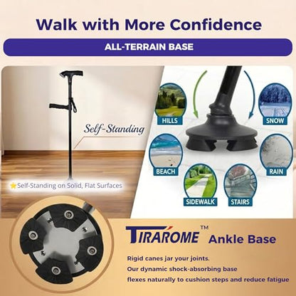 Walking Cane for Men & Women, Smart Cane with Alarm & Light | Foldable,Free Standing, All Terrain, Collapsible, Second Handle, Adjustable, Travel Bag, Seniors & Adults - size: 31-34.5" Cane ( Fit 5'0" - 5'7" )