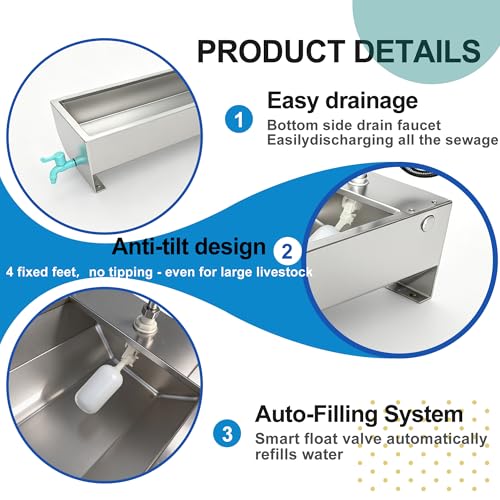 Automatic Livestock Waterer Drinking Trough Large Dog Water Bowl Dispenser 3 Gallon Stainless Steel with Float Valve for Cattle Chicken Goat Horse Pigs Poultry Outdoor Animals - size: 3 Gallon