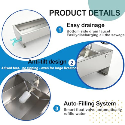 Automatic Livestock Waterer Drinking Trough Large Dog Water Bowl Dispenser 3 Gallon Stainless Steel with Float Valve for Cattle Chicken Goat Horse Pigs Poultry Outdoor Animals - size: 3 Gallon
