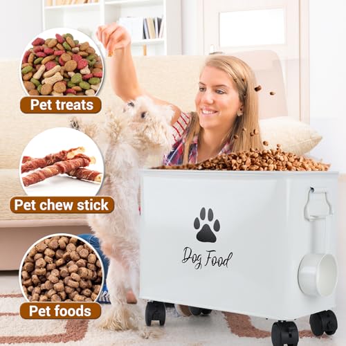 Dog Food Container 13lb, Cute Airtight Pet Food Storage Containers with Metal Lid Scoop, Black Metal Storage Bin for Dog/Cat with Wheels,Easy to Move White - color: White-L