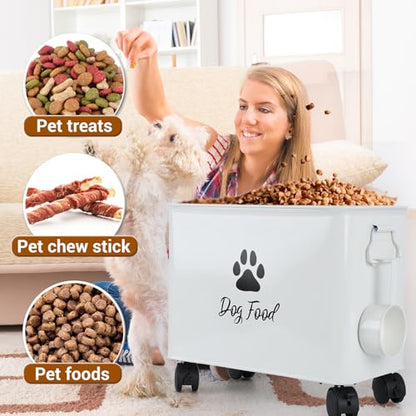 Dog Food Container 13lb, Cute Airtight Pet Food Storage Containers with Metal Lid Scoop, Black Metal Storage Bin for Dog/Cat with Wheels,Easy to Move White - color: White-L